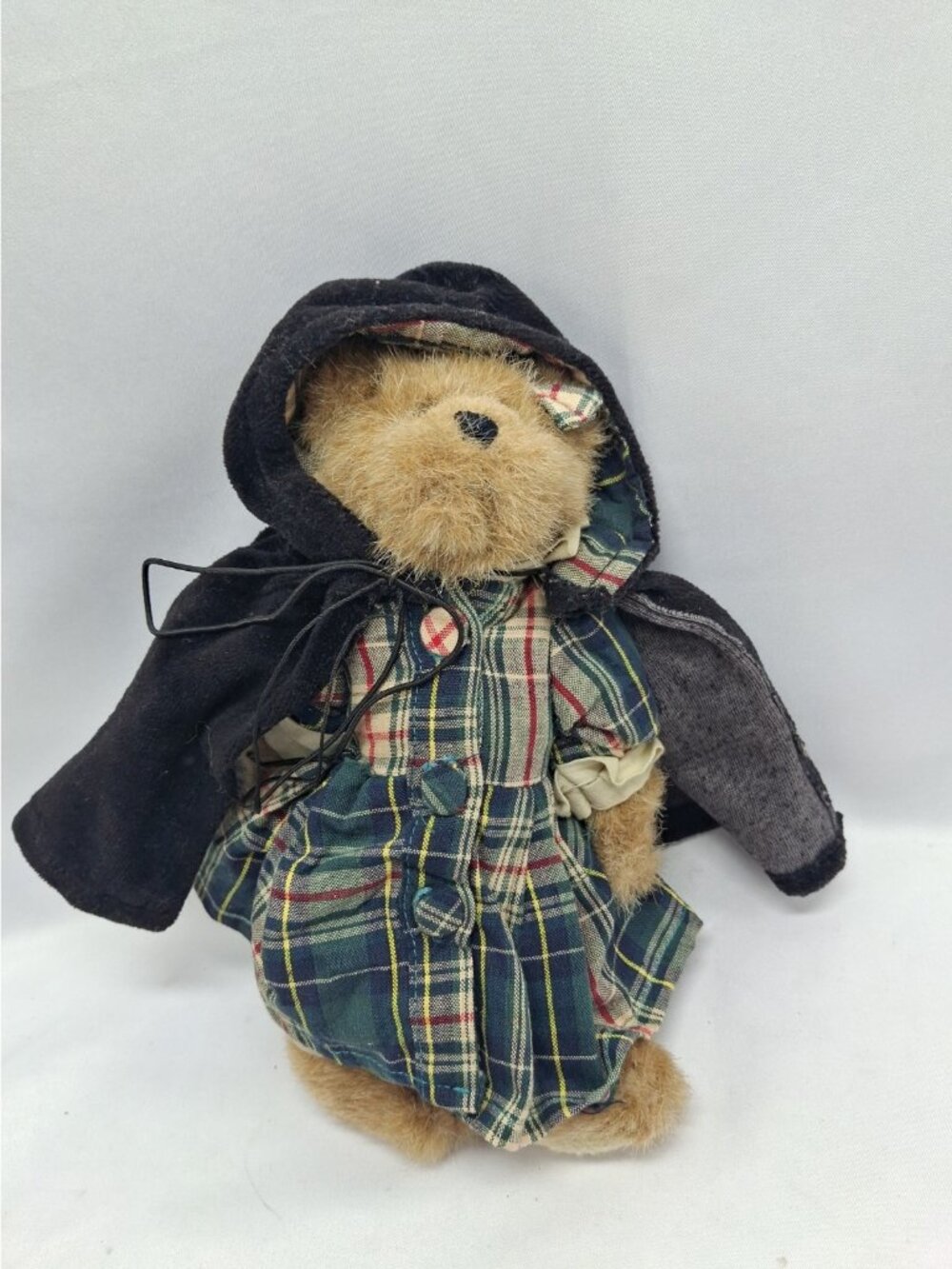 Vintage 1995 Boyd's Bear Bailey with Black Cape Hood Green Plaid Dress, Retired
